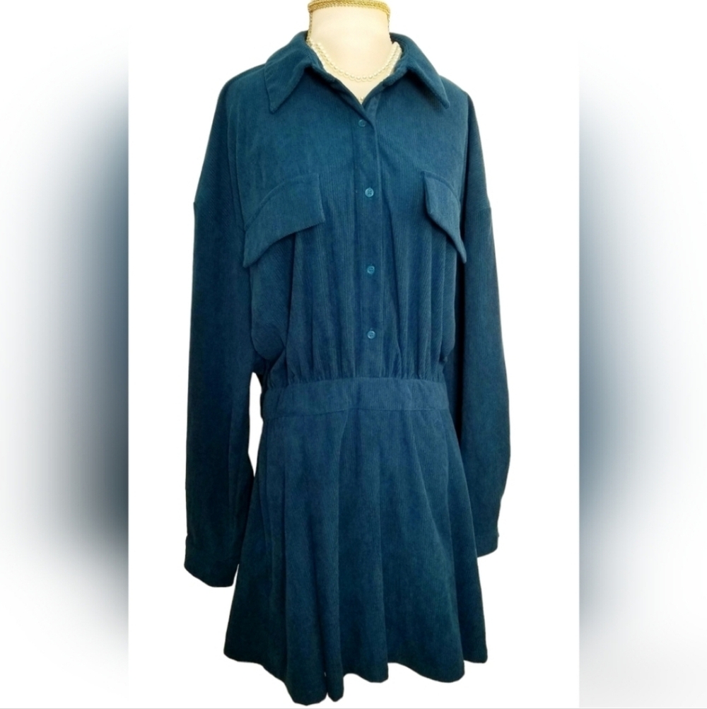 Cider Teal Color Corduroy Buttoned Front Long Sleeve Dress